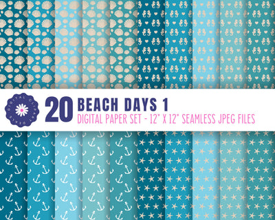Beach Days Digital Scrapbooking Paper Set #1 | 20 High-Quality Seamless Papers Sublimation Digital Clipart Deals 