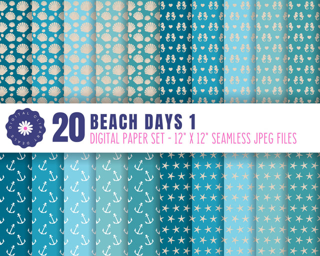 Beach Days Digital Scrapbooking Paper Set #1 | 20 High-Quality Seamless Papers Sublimation Digital Clipart Deals 