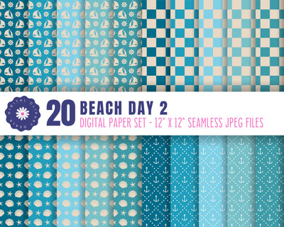 Beach Days Digital Scrapbooking Paper Set #2 | 20 High-Quality Seamless Papers Sublimation Digital Clipart Deals 