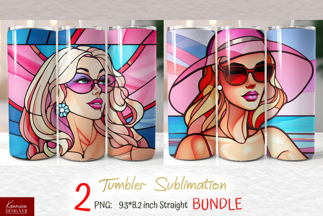 Beach Girl Wearing Pink Hat | Stained Glass Tumbler Design Sublimation Kseniia designer 