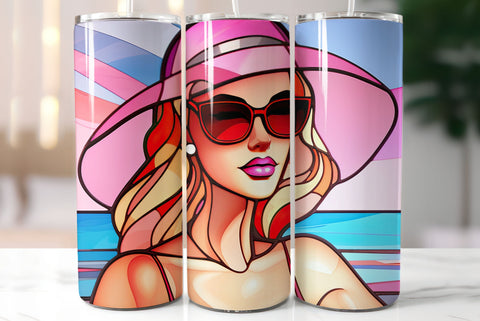 Beach Girl Wearing Pink Hat | Stained Glass Tumbler Design Sublimation Kseniia designer 