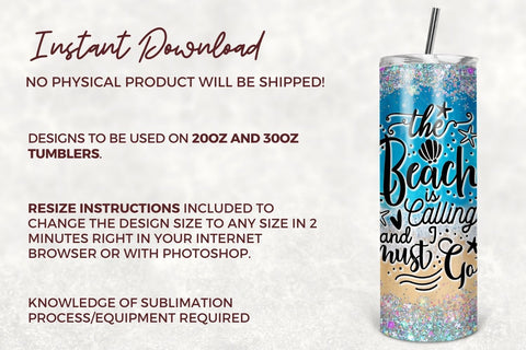 Beach Glitter 20oz Tumbler Design Template for Sublimation Straight & Tapered - Full Tumbler Wrap - PNG Digital Download Sublimation TumblersByPhill 