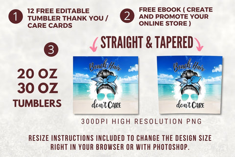 Beach Hair Don't Care 20oz Skinny Tumbler Beach Summer Ocean PNG Seamless Tumbler Sublimation Design Straight/Warped PNG Digital Download Sublimation TumblersByPhill 