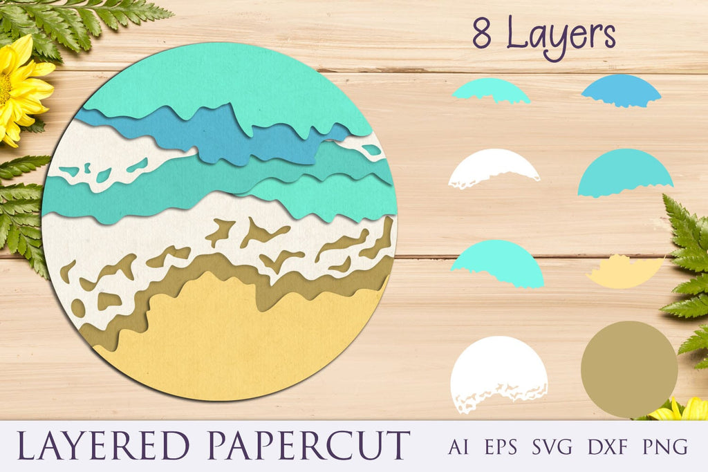 Beach layered papercut, Summer design, Sea waves 3d shadow box svg - So ...