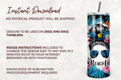 Beach Life Tumbler Designs Png 20oz Skinny Tapered & Straight Seamless Tumbler Sublimation, Messy Bun Tumbler Sublimation TumblersByPhill 