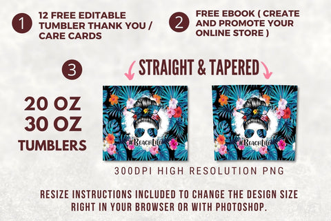 Beach Life Tumbler Designs Png 20oz Skinny Tapered & Straight Seamless Tumbler Sublimation, Messy Bun Tumbler Sublimation TumblersByPhill 