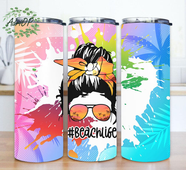 Beach Life Tumbler Template, Messy Bun Mom Tumbler Png, Beach 20oz Skinny Tumbler, Summer Sublimation Tumbler, Instant Download Sublimation AdriOP 