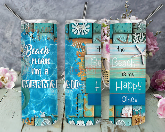 Beach Please I'm A Mermaid Tumbler Png, The Beach is My Happy Place 20oz Skinny Tumbler, Beach Tumbler Wrap, Mermaid Sublimation Design, Digital Download Sublimation DesignSVG 