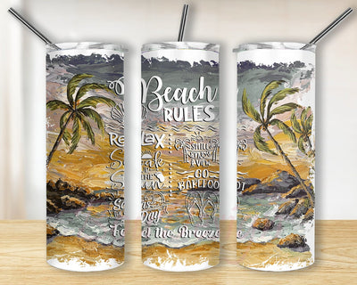 Beach Rules 20oz Tumbler Template, Summer Beach Tumbler Png, Watercolor Beach Tumbler Wrap, Ocean Sunset Palm Tree Design Digital Png Straight, Instant Download Sublimation BouDesign 