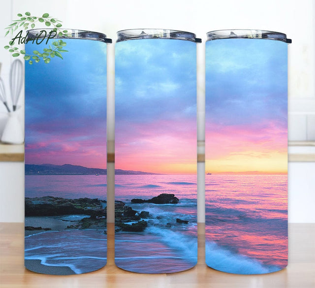 Beach Scene 20oz Skinny Tumbler Png, Sunset Ocean Tumbler, Watercolor Beach Scene Tumbler Wrap, Summer, Vacation, Honeymoon, Beach Tropical Tumbler Sublimation AdriOP 