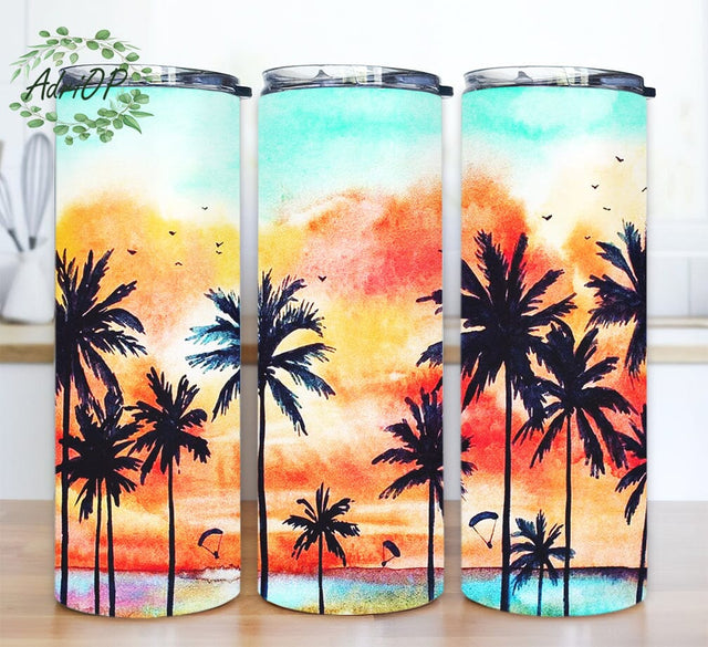 Beach Summer Palm 20oz Skinny Tumbler Png, Beach Palm Trees Sunset Tumbler Png, Sunrise Png Skinny Tumbler Digital File, Beach Summer Png Sublimation AdriOP 