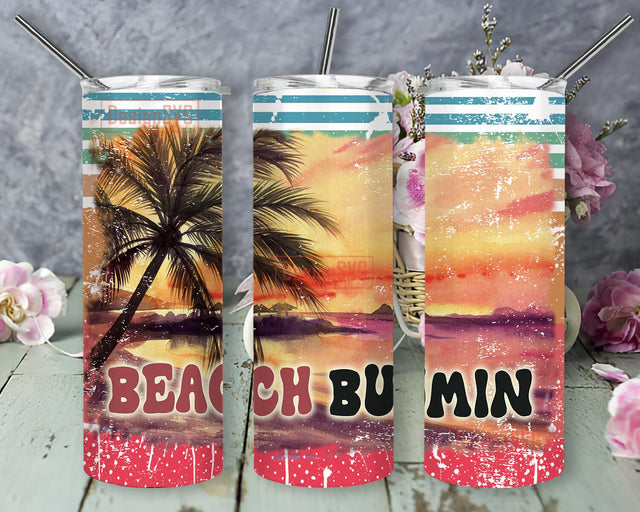 Beach Summer Sunset 20oz Skinny Tumbler Png, Beach Bumin Tumbler Png, Beach Summer Palm Tree Png, Summer Vacation Sublimation DesignSVG 