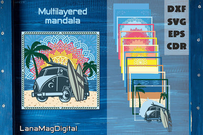 Beach sunrise layered mandala svg, Hippie Vintage Surf Van 3D Paper LanaMagDigital 
