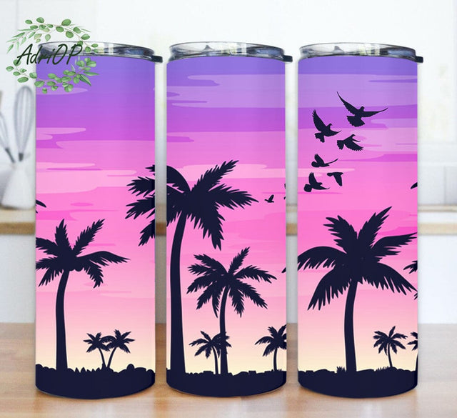 Beach Sunset 20oz Skinny Tumbler, Palm Trees Tumbler Design, Beach Tumbler Png, Summer Vacation Design Png, Beach Tumbler Template, Instant Download Sublimation AdriOP 