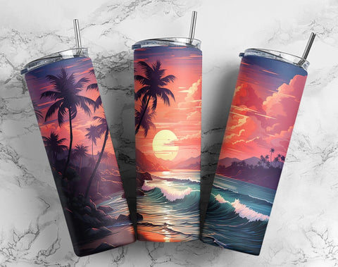 Beach sunset 20oz Skinny Tumbler Sublimation Designs, Ocean palm trees 20oz Straight Skinny Tumbler Wrap PNG Sublimation CaldwellArt 