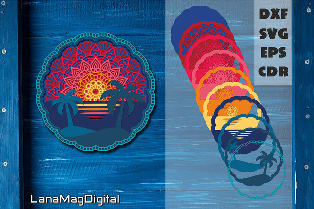 Beach sunset 3d mandala SVG, Multilayer sunset svg, Beach life and Palm trees 3D Paper LanaMagDigital 