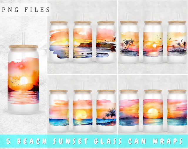 Beach Sunset Libbey Glass Can Wraps, 16 Oz Glass Can Sublimation Designs, Beach Sunset Glass Can PNG Files, Beach Sunset Glass Can Wraps Sublimation HappyDesignStudio 