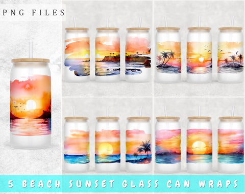 Beach Sunset Libbey Glass Can Wraps, 16 Oz Glass Can Sublimation Designs, Beach Sunset Glass Can PNG Files, Beach Sunset Glass Can Wraps Sublimation HappyDesignStudio 