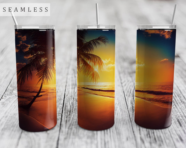 Beach Sunset Seamless Tumbler Wrap, 20 Oz Skinny Tumbler Ocean Sunset Design For Sublimation Sublimation HappyDesignStudio 