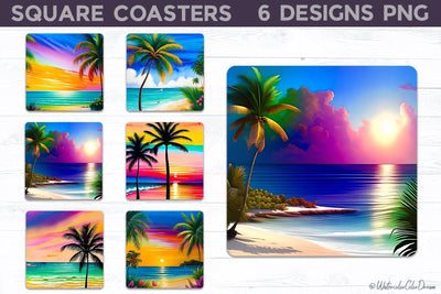 Beach Sunset Square Coaster Sublimation WatercolorColorDream 