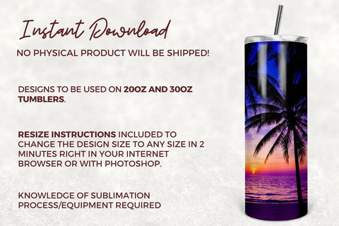 Beach Sunset Tumbler, Digital Design, 20 Oz Skinny Tumbler Beach Summer Palm Tree for Straight/Tapered Tumbler PNG File Digital Download Sublimation TumblersByPhill 