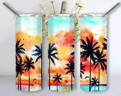 Beach Sunset Tumbler Wrap PNG, 20 oz Skinny Tumbler Summer Palm Sublimation Design Straight Tapered Template, Digital Download Sublimation PixelChick 