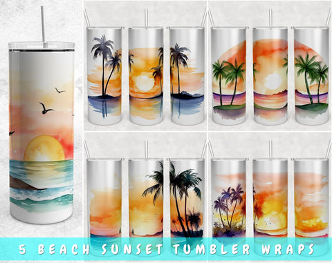 Beach Sunset Tumbler Wraps Bundle, 20 Oz Skinny Tumbler Beach Sunset Sublimation Designs, Seamless Beach Sunset PNG, 5 Designs Sublimation HappyDesignStudio 