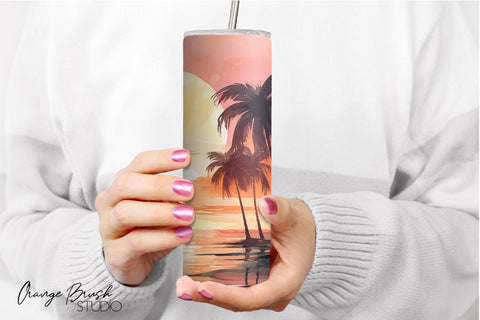 Beach Sunset with Palm Trees Summer Tumbler Wrap Design Sublimation OrangeBrushStudio 