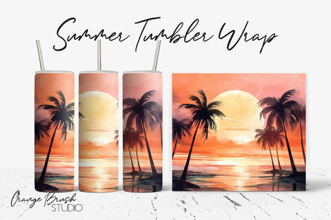 Beach Sunset with Palm Trees Summer Tumbler Wrap Design Sublimation OrangeBrushStudio 