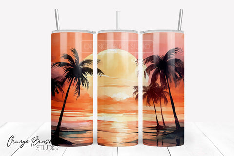 Beach Sunset with Palm Trees Summer Tumbler Wrap Design Sublimation OrangeBrushStudio 