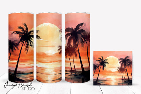 Beach Sunset with Palm Trees Summer Tumbler Wrap Design Sublimation OrangeBrushStudio 