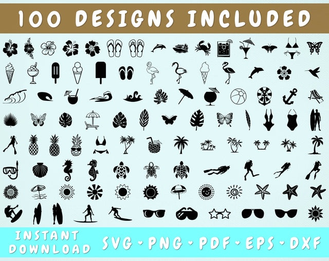 Beach SVG Bundle - 100 Designs, Sun SVG, Ice Cream SVG, Surfing SVG, Starfish SVG, Flamingo SVG, Tropical Leaves SVG SVG HappyDesignStudio 