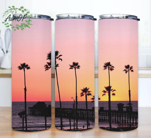 Beach Tropical 20oz Skinny Tumbler Png, Sunset Ocean Tumbler, Watercolor Beach Scene Tumbler Wrap, Summer, Vacation, Honeymoon, Beach Scene Tumbler Sublimation AdriOP 