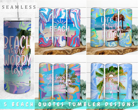 Beach Tumbler Wraps Bundle, 20 Oz Skinny Tumbler Beach Quote Designs, Beach Sublimation Designs For Tumblers, 5 Designs Sublimation HappyDesignStudio 