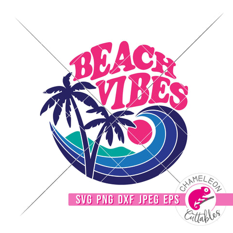 Beach Vibes Ocean Wave Palm Tree Circle svg png dxf eps jpeg SVG Chameleon Cuttables 