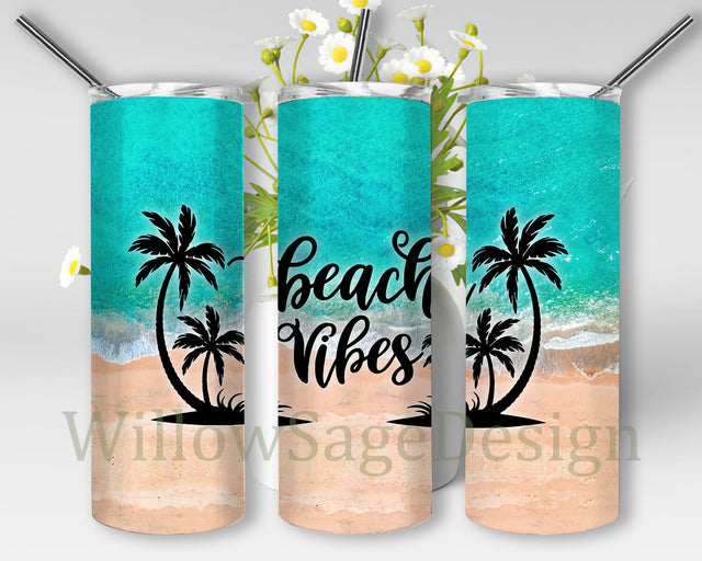Beach Vibes Tumbler Template, Beach 20oz Skinny Tumbler, Summer Beach Tumbler Design, Palm Tree Design Png, Beach Sublimation Design, Digital Download Sublimation WillowSageDesign 