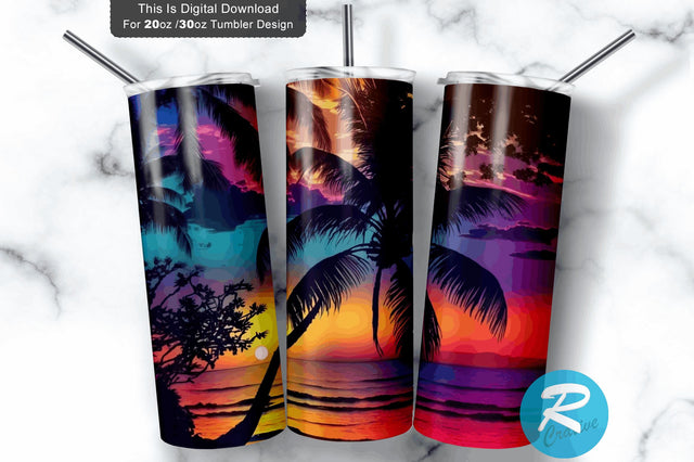 Beach With Palm Tree 20 oz / 30 oz Tumbler PNG Sublimation Regulrcrative 