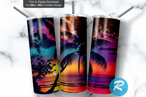 Beach With Palm Tree 20 oz / 30 oz Tumbler PNG Sublimation Regulrcrative 