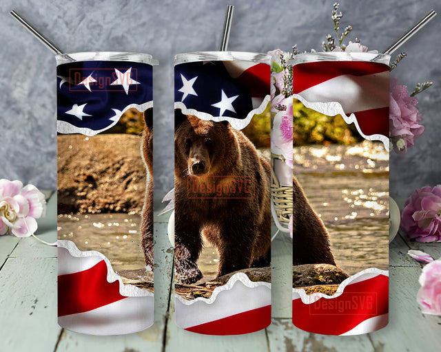Bear American Flag 20oz Skinny Tumbler, Papa Bear Tumbler Png, Father's Day Gift, Bear Sublimation Design, Forest Bear Tumbler Wrap, Instant Download Sublimation DesignSVG 