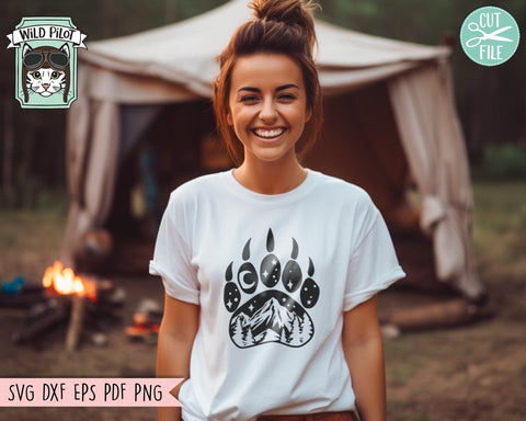 Bear Paw Print SVG, Paw Print SVG, Mountain Scene SVG, Forest Trees svg, Camping svg, Hiking svg, Adventure svg, Outdoors svg, Explorer svg SVG Wild Pilot 