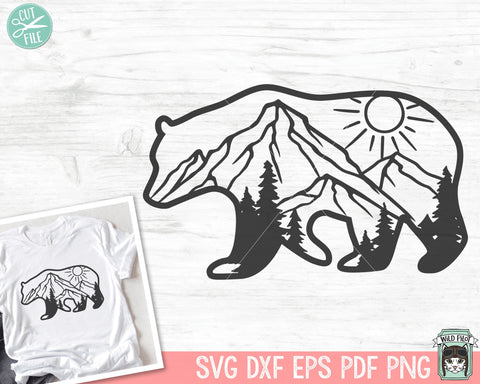 Bear SVG, Bear Silhouette SVG, Bear Mountain Scene, Forest Trees, Camping svg, Hiking svg, Adventure svg, Mountain Range svg, Outdoors svg SVG Wild Pilot 