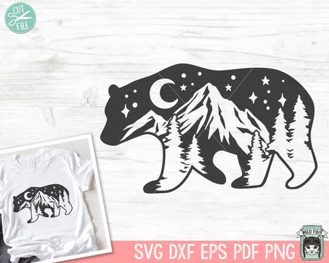 Bear SVG, Bear Silhouette SVG, Bear Mountain Scene, Forest Trees svg, Camping svg file, hiking svg, adventure svg, Mountain range svg, night sky svg, outdoors svg SVG Wild Pilot 