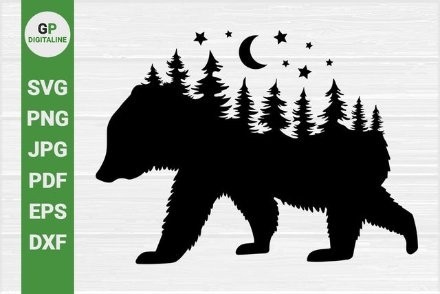 Bear SVG, Forest SVG, Moon SVG, Stars SVG, Grizzly Bear SVG, Woods SVG, Pine Trees SVG, Nature SVG, Outdoor SVG, Wildlife SVG, Wilderness SVG, Woodland Animal SVG SVG GPDigitaline 