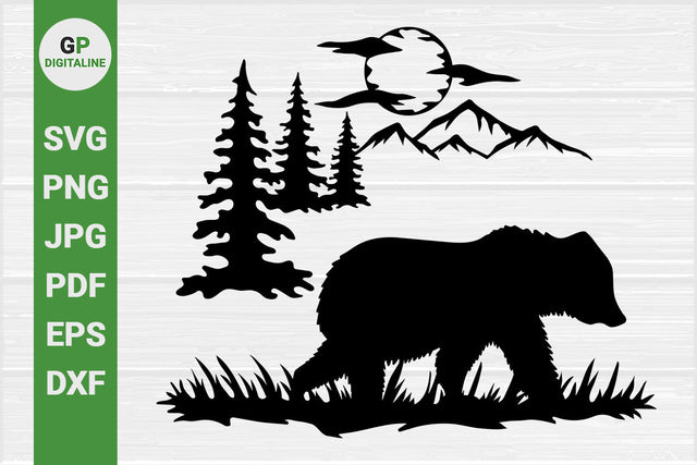 Bear SVG, Grizzly SVG, Wild SVG, Mountain SVG, Woods SVG, Forest SVG, Pine Trees SVG, Moon SVG, Clouds SVG, Nature SVG, Outdoor SVG, Wilderness SVG SVG GPDigitaline 