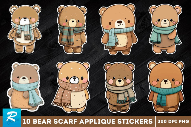 Bear with Scarf Applique Stickers Bundle Sublimation Regulrcrative 