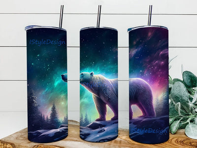 Bear With The Northern Light 20oz Skinny Tumbler Png, Bear Northern Light Tumbler, Northern Lights Mama Bear Tumbler, Forest Night Moon Png Sublimation iStyleDesign 