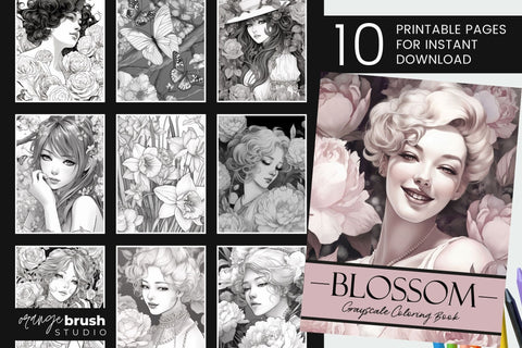 Beauties Printable Coloring Book, Grayscale Coloring Pages Sublimation OrangeBrushStudio 