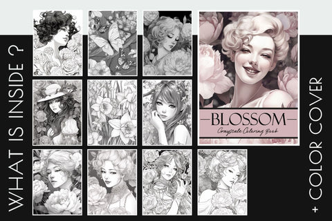 Beauties Printable Coloring Book, Grayscale Coloring Pages Sublimation OrangeBrushStudio 