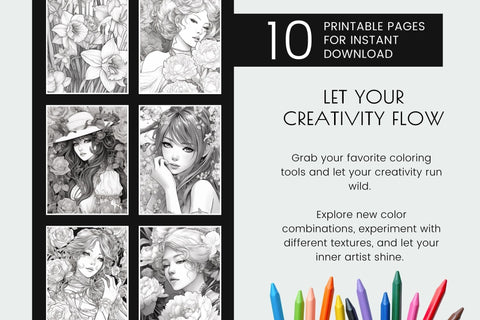 Beauties Printable Coloring Book, Grayscale Coloring Pages Sublimation OrangeBrushStudio 