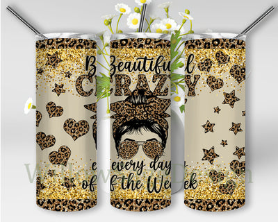 Beautiful Crazy Tumbler Png, Messy Bun Leopard Glitter 20oz Tumbler Wrap, Western Leopard Sublimation Design, Digital Download Sublimation WillowSageDesign 